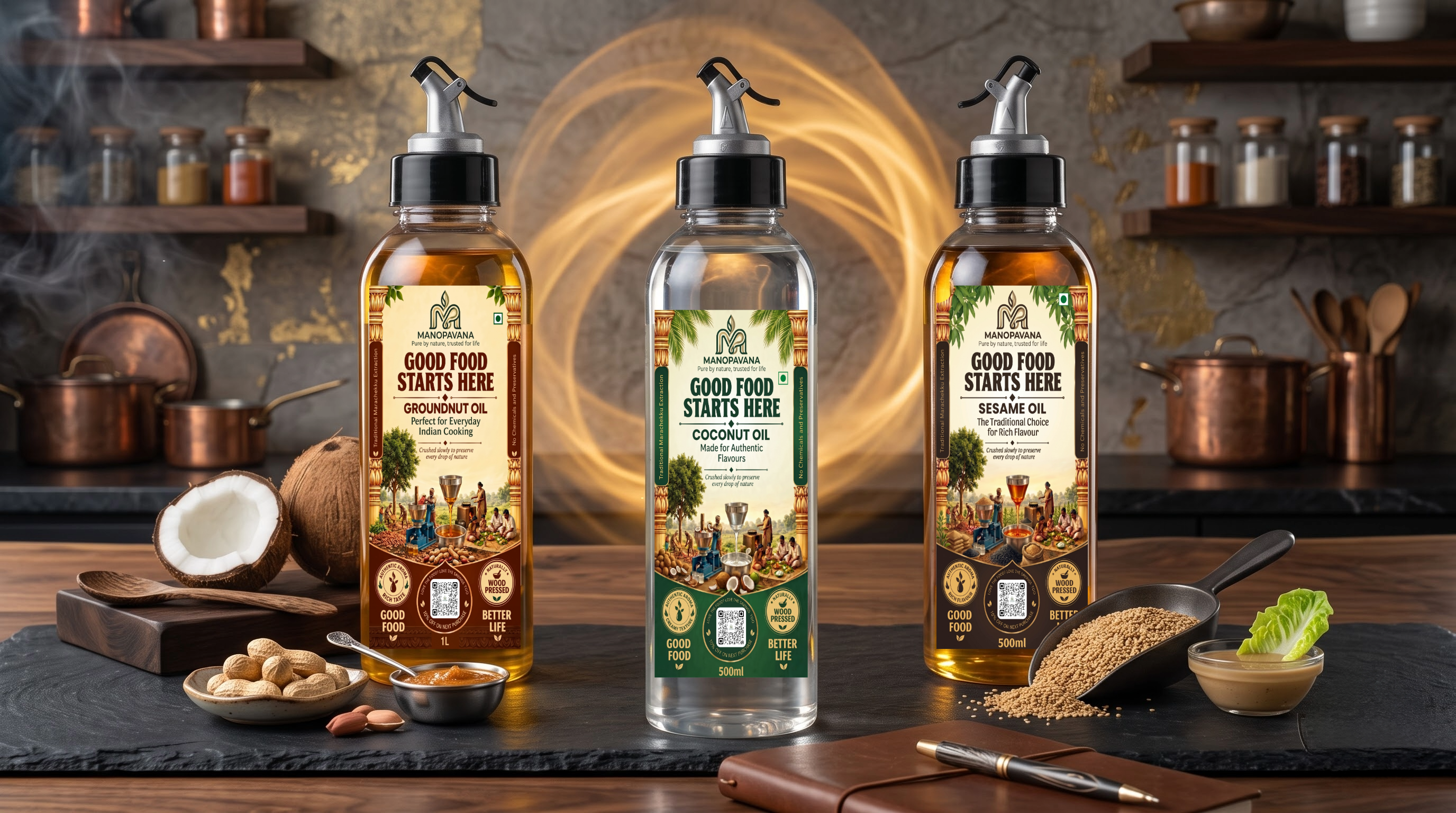 MANOPAVANA Wood-Pressed Oils Banner